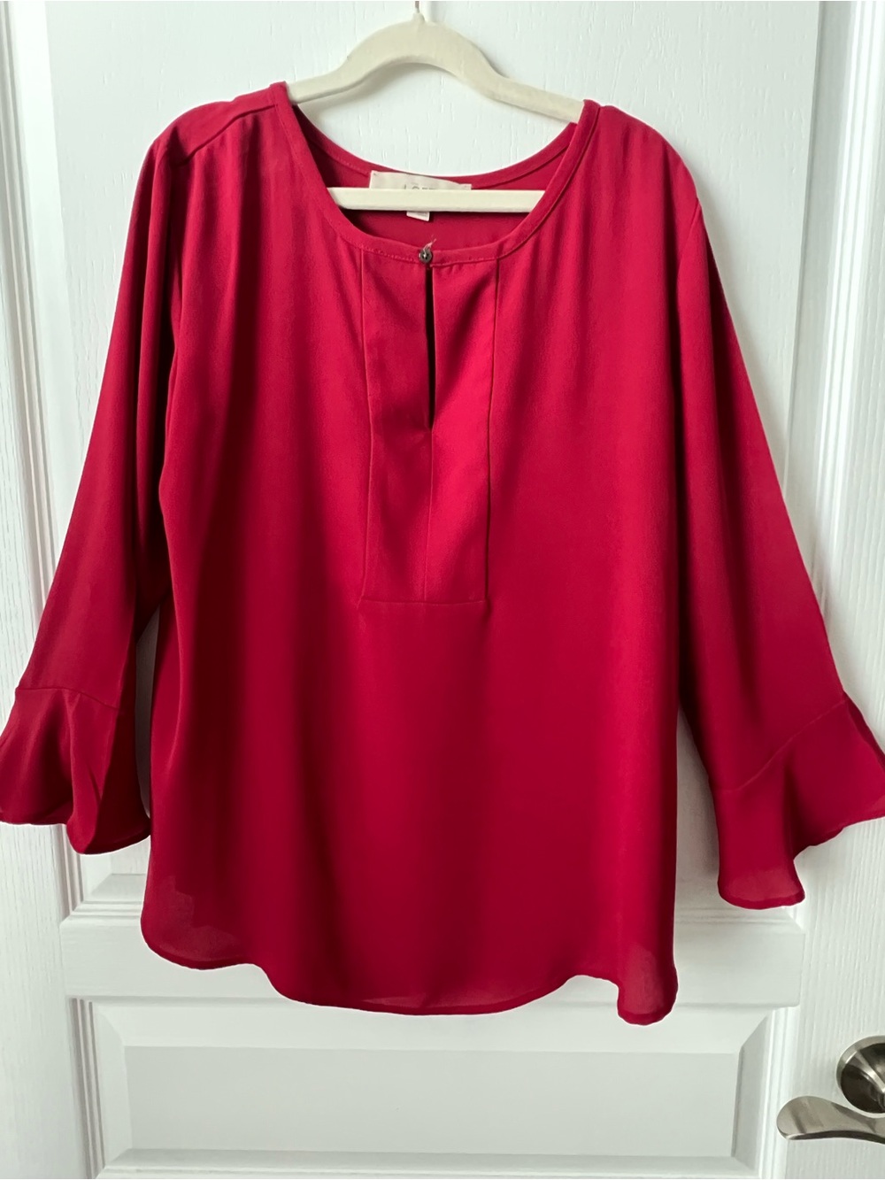 LOFT Bright Red Split-Neck Blouse with Flounce Sleeves